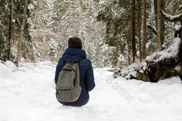 女孩和背包一次采用一雪-大量的松类的森林.