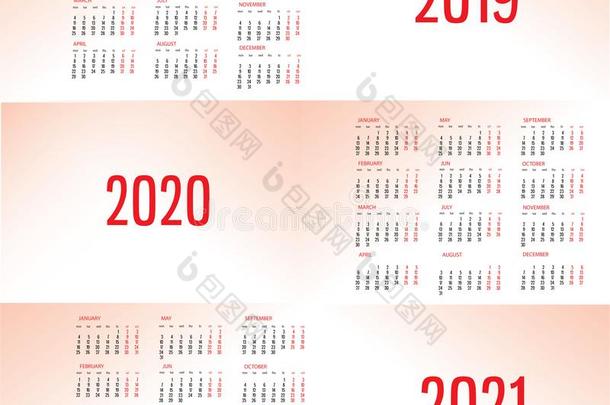 简单的日历样板为2019,2020和2021.一星期出发France法国