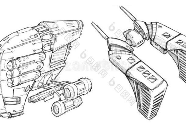 墨水观念艺术绘画关于两个未来的宇宙飞船或太空人