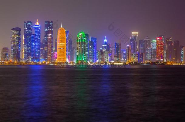 多哈城市地平线夜看法,卡塔尔