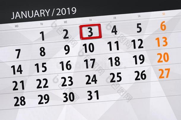日历计划者为指已提到的人月一月2019,最后期限一天,3,Thailand泰国