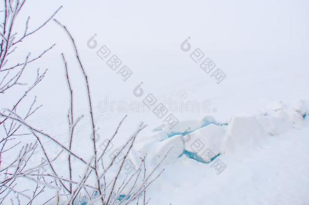 <strong>被</strong>雪<strong>困住</strong>的蓝色冰,白色的使结冰霜向树细枝