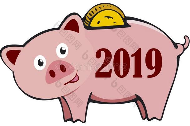 小猪银行幸福的新的年2019卡片和漂亮的漫画猪.指已提到的人英语字母表的第25个字母