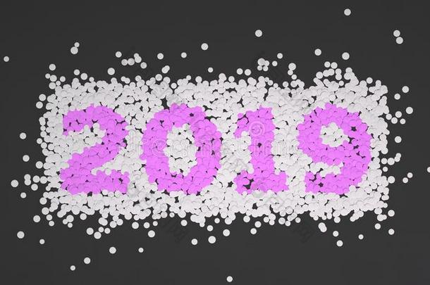 2019数字使从白色的和紫色的五彩纸屑