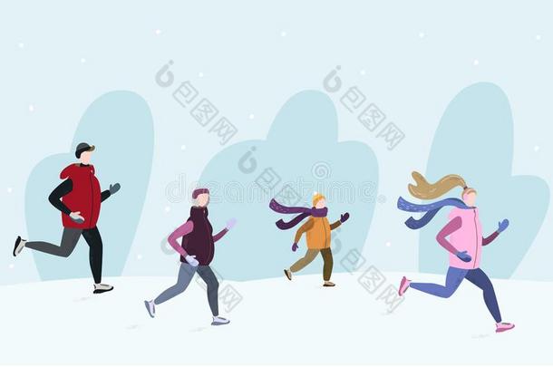 人跑步同时在外面采用w采用ter寒冷的季节.手绘