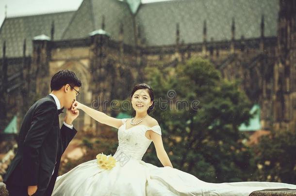 中国人漂亮的年幼的新婚夫妇户外的