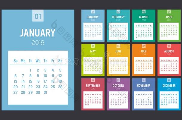 富有色彩的2019垂直的日历