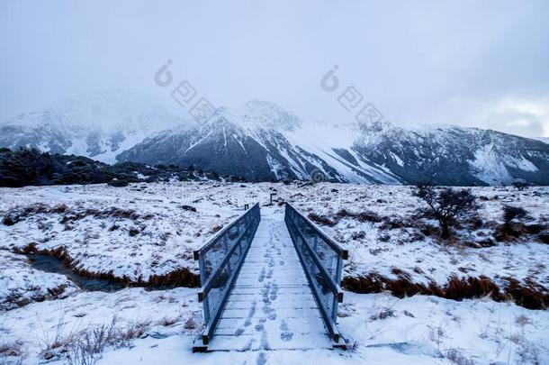 雪风景和脚级别越<strong>过桥</strong>采用新的西兰岛.