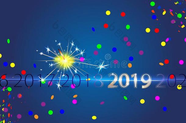 幸福的新的年蓝色背景和银题词<strong>2019</strong>和