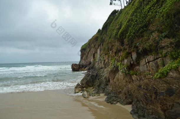美好的绿色的悬崖向指已提到的人海滩关于elevation仰角<strong>阿吉拉尔</strong>向一下雨的一天.七月