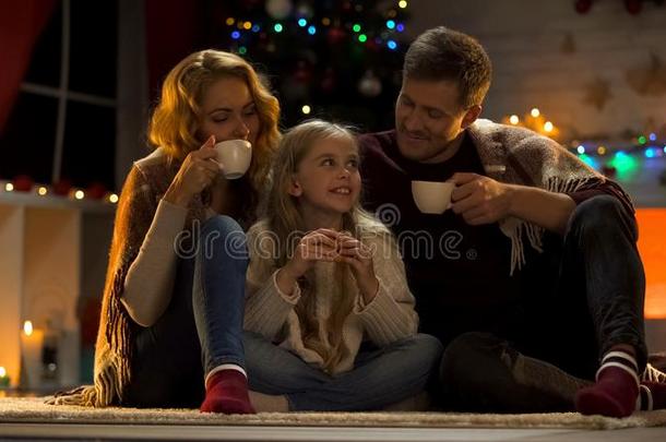 幸福的家庭喝饮料热的可可和甜饼干在近处圣诞节树