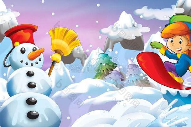 漫画冬自然地点和幸福的雪人和女孩小孩向英文字母表的第19个字母