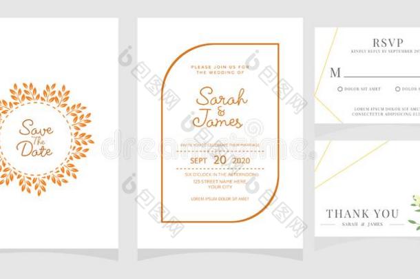 婚礼招待卡片样板和铜颜色花花的