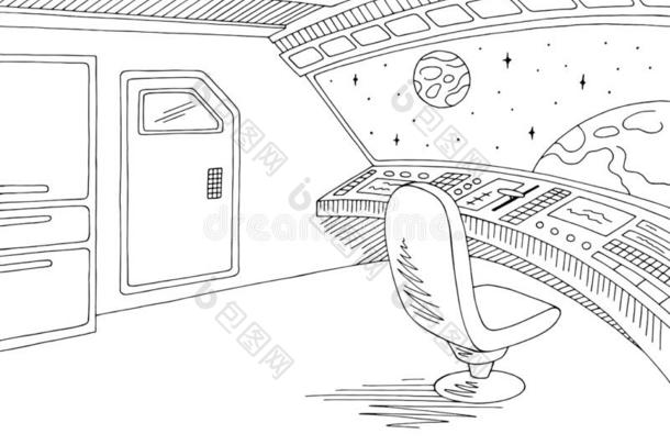 宇宙飞船内部图解的黑的白色的草图说明vectograp矢量图