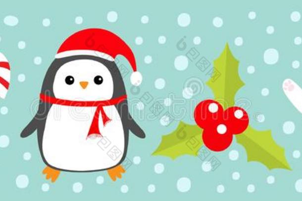 愉快的圣诞节偶像放置.糖果手杖粘贴和红色的弓.企鹅