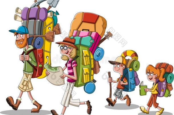 漫画家庭和大的背包.人运送的野营齿轮