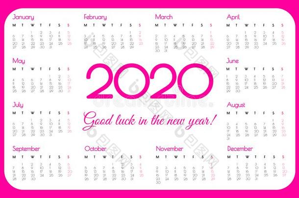 2020年口袋日历.粉红色的颜色,简单的设计.一星期开始