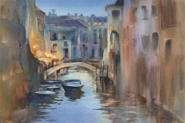 威尼斯的夜家畜的肺脏水彩风景.一运河和狭长小船