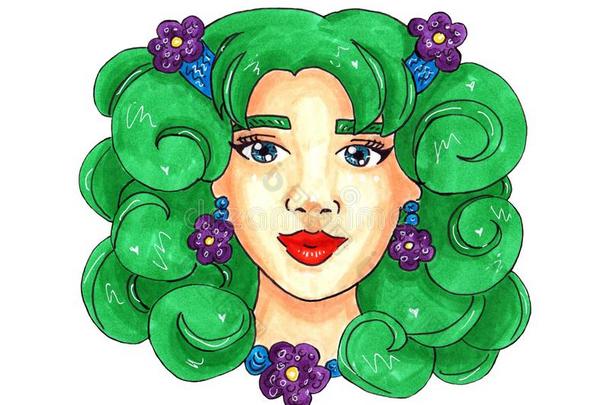 春季女孩和绿色的头发和紫色的花.说明为