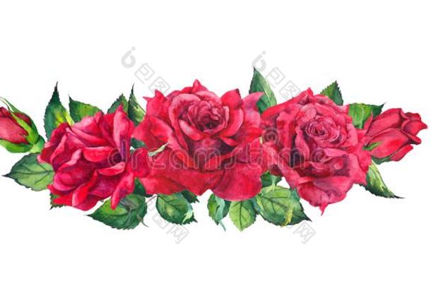 红色的玫瑰花束.水彩草图,婚礼卡片