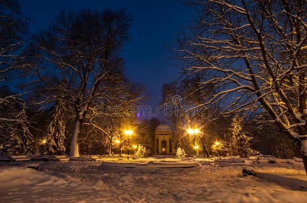 被雪困住的城市大街在夜