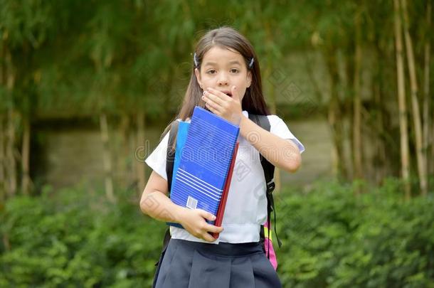 受惊吓的包罗万象的少数学校女孩使人疲乏的制服和书