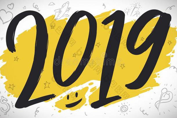 漂亮的乱写乱画采用Greet采用g设计为2019新的年,矢量图解