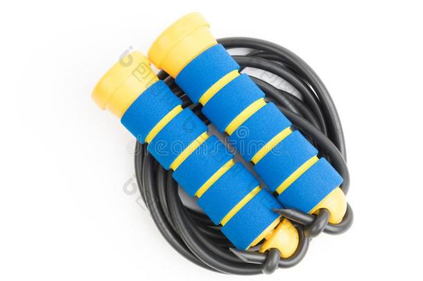 蓝色和黄色的暂时把货物<strong>腾空</strong>粗绳,隔离的向白色的背景