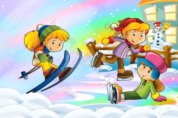 漫画冬自然地点和幸福的小孩女孩滑雪-图解