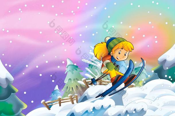 漫画冬自然地点和幸福的<strong>小孩</strong>女孩<strong>滑雪</strong>-图解