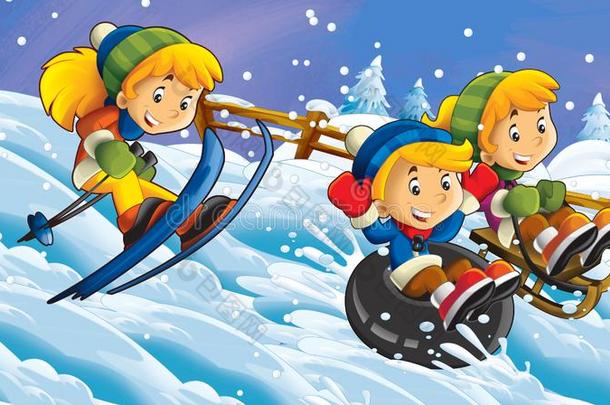 漫画冬自然地点和小孩所有乐趣<strong>滑行</strong>的和滑雪