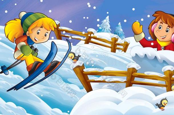 漫画冬自然地点和幸福的小孩女孩滑雪