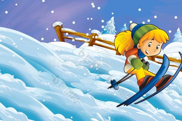 漫画冬自然地点和幸福的<strong>小孩</strong>女孩<strong>滑雪</strong>