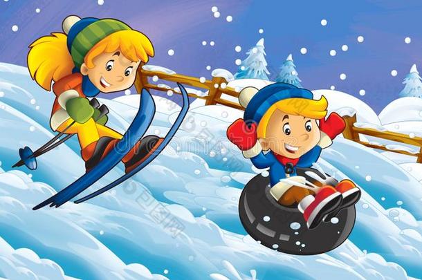 漫画冬自然地点和<strong>小孩</strong>所有乐趣滑行的和<strong>滑雪</strong>