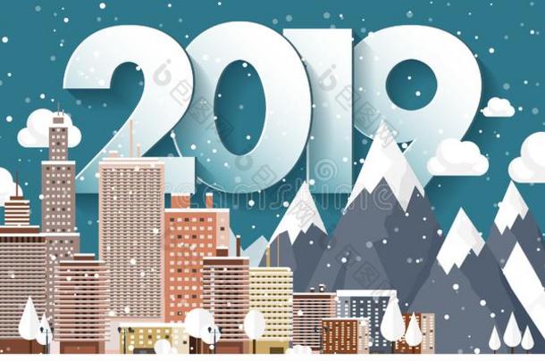 矢量说明.2019冬都市的风景.城市和雪