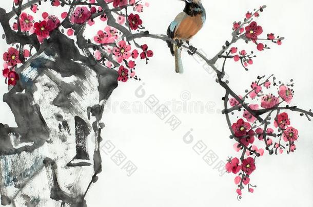 李子花树枝和鸟