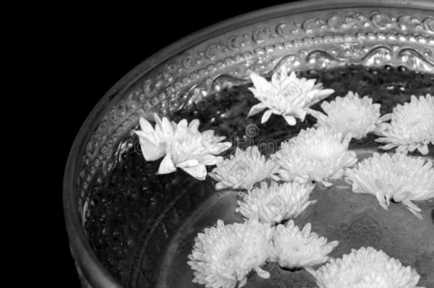 神圣的水采用银碗采用庙在泰国黑的和白色的