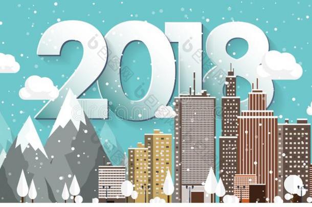 矢量说明.2018冬都市的风景.城市和雪