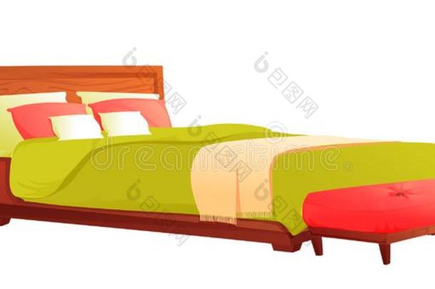 木材床和绿色的毛毯和红色的枕头