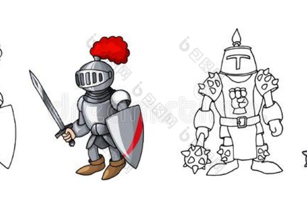 漫画中古的确信的武装的骑士,隔离的向白色的背