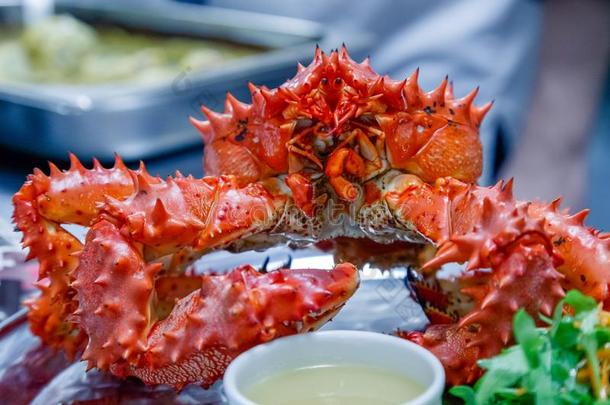 特写镜头关于美味的美味的喝醉的新近事先准备好的红色的国王蟹