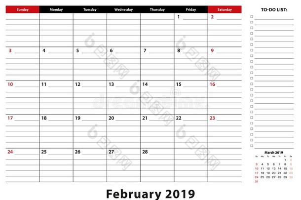 二月2019每月的书桌给装衬垫日历一星期出发从星期日,