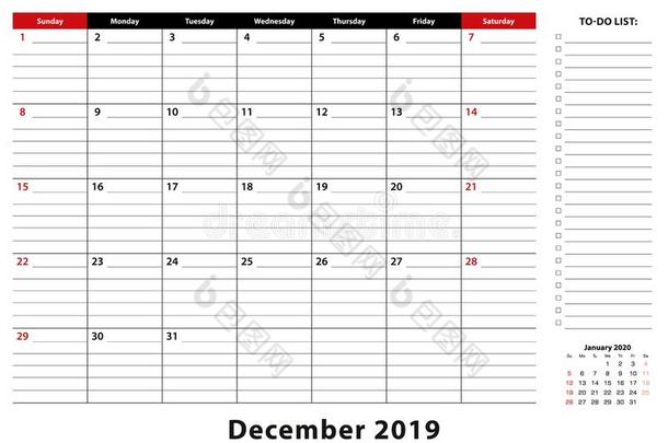 12月2019每月的书桌给装衬垫日历一星期出发从星期日,