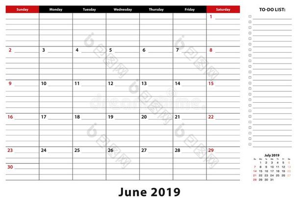 六月2019每月的书桌给装衬垫日历一星期出发从星期日,磺胺异？唑