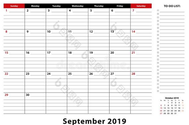 九月2019每月的书桌给装衬垫日历一星期出发从星期日