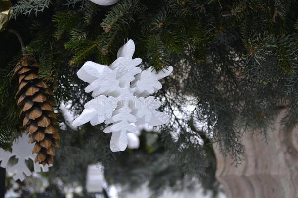 白色的雪花和圣诞节-树杂乱,和圆锥细胞