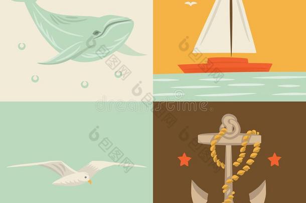 矢量说明偶像放置关于海:鲸,船,海gull,安蔻椒