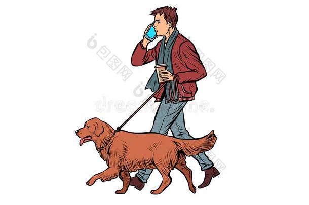 男人步态和一狗,金色的寻猎物犬