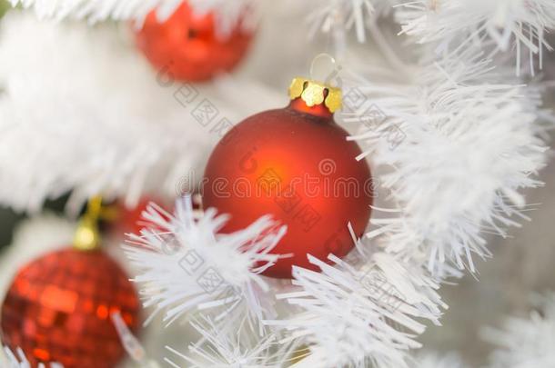 美丽的装饰白色的圣诞节树和红色的球茎和上杉达也