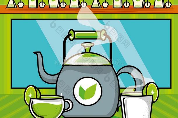 茶壶和杯子关于茶水草本植物和放置偶像